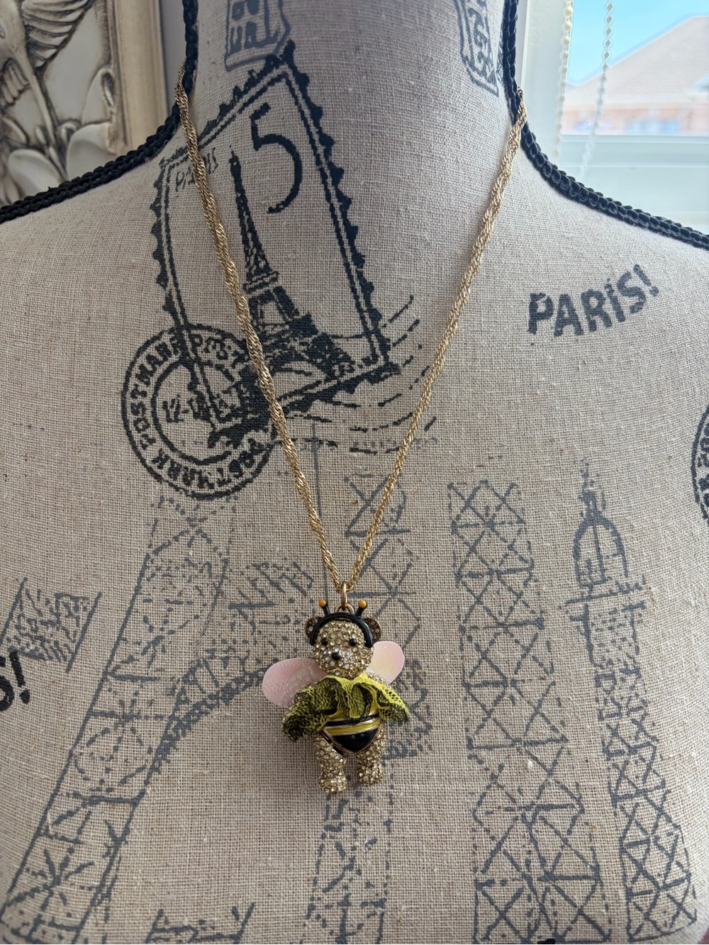 Vintage Betsey Johnson Crystal Teddy Bear Bee Pendant Necklace